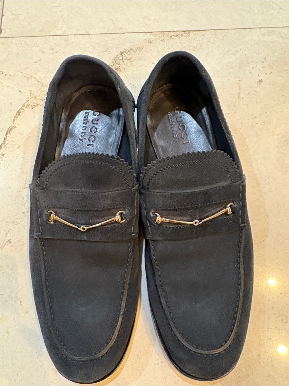 Gucci Men’s Suede Horsebit Loafers in Dark Brown and Gold